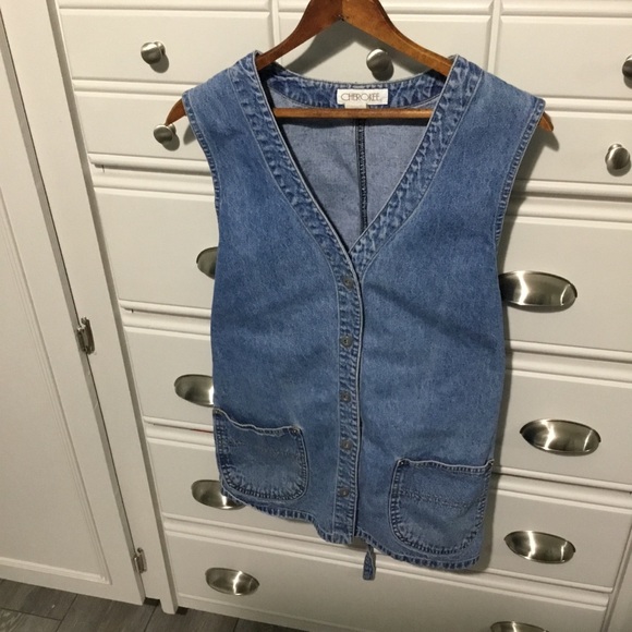 Vintage Denim Cherokee Jean Vest With Pockets and Tie Backs Size Medium - Picture 2 of 9